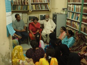 India's Kavita Srivastava meets Pakistan's Rajasthani women. Also pictured Haris Gazdar (left) and Karamat Ali. Photo: YPC