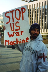 Emmanuel Ortiz protests in front of the Minneapolis Federal Building against the U.S. bombing of Sudan and Afghanistan - August 21, 1998 (http://www.cpinternet.com/mbayly/facesofresistance1.htm)