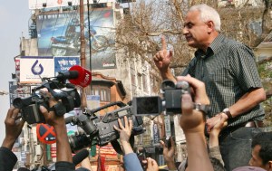 Journalist Protest Kanak Dixit addresses a protest rally in April, 2006, Kathmandu, in support of the general strike by seven major Nepali political parties and Maoists (Photo: Shehab Uddin)