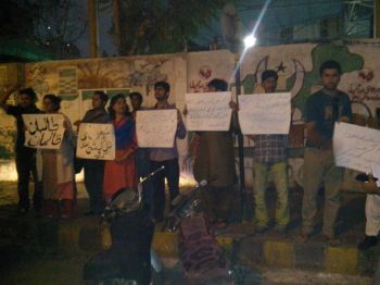 "Taliban Zaliman" (Taliban  = cruel): protest outside Karachi  Press Club, Feb 13, 2015. Photo: Waqas Ali Zaheer, Democratic Students Federation