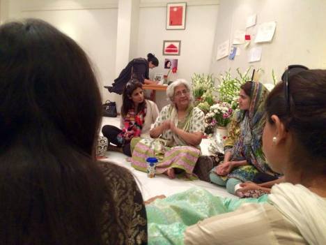 Memorial meeting for Sabeen on Sunday at T2F, with her mother Mahenaz (white hair). Photo: Zain Mustafa