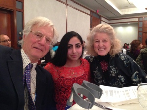 Insha (centre) with host parents Ted Bent and Rebecca Lambert  at the APPNE dinner meeting